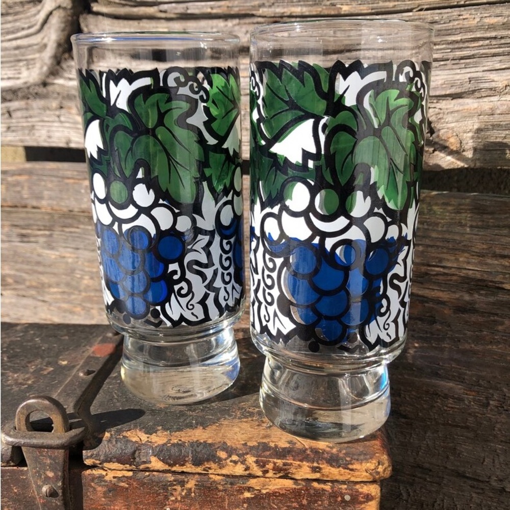 Vintage Libbey Grapes glasses Retro Swanky swigs Glassware Blue Green White Vtg
